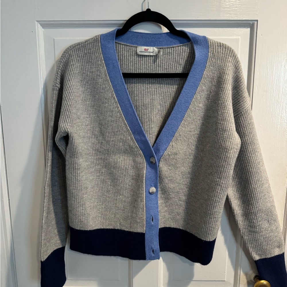 Vineyard Vines Gray Cardigan with Light Blue and Navy Trim